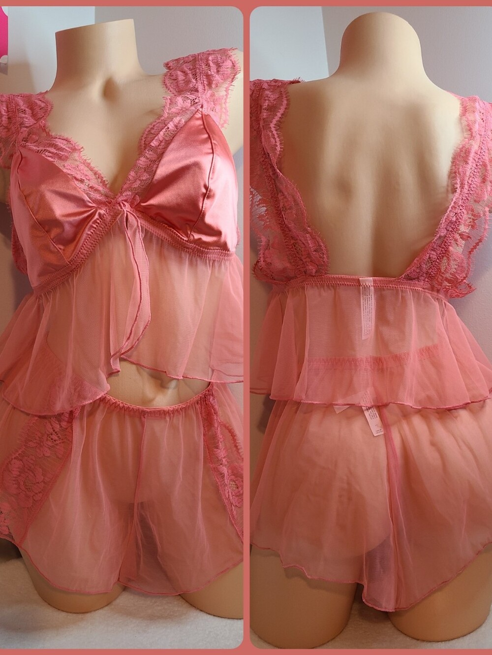 Auden Sexy Sheer Tulle Mesh Lace & Satin Babydoll Top & Shorts Set Size Lg